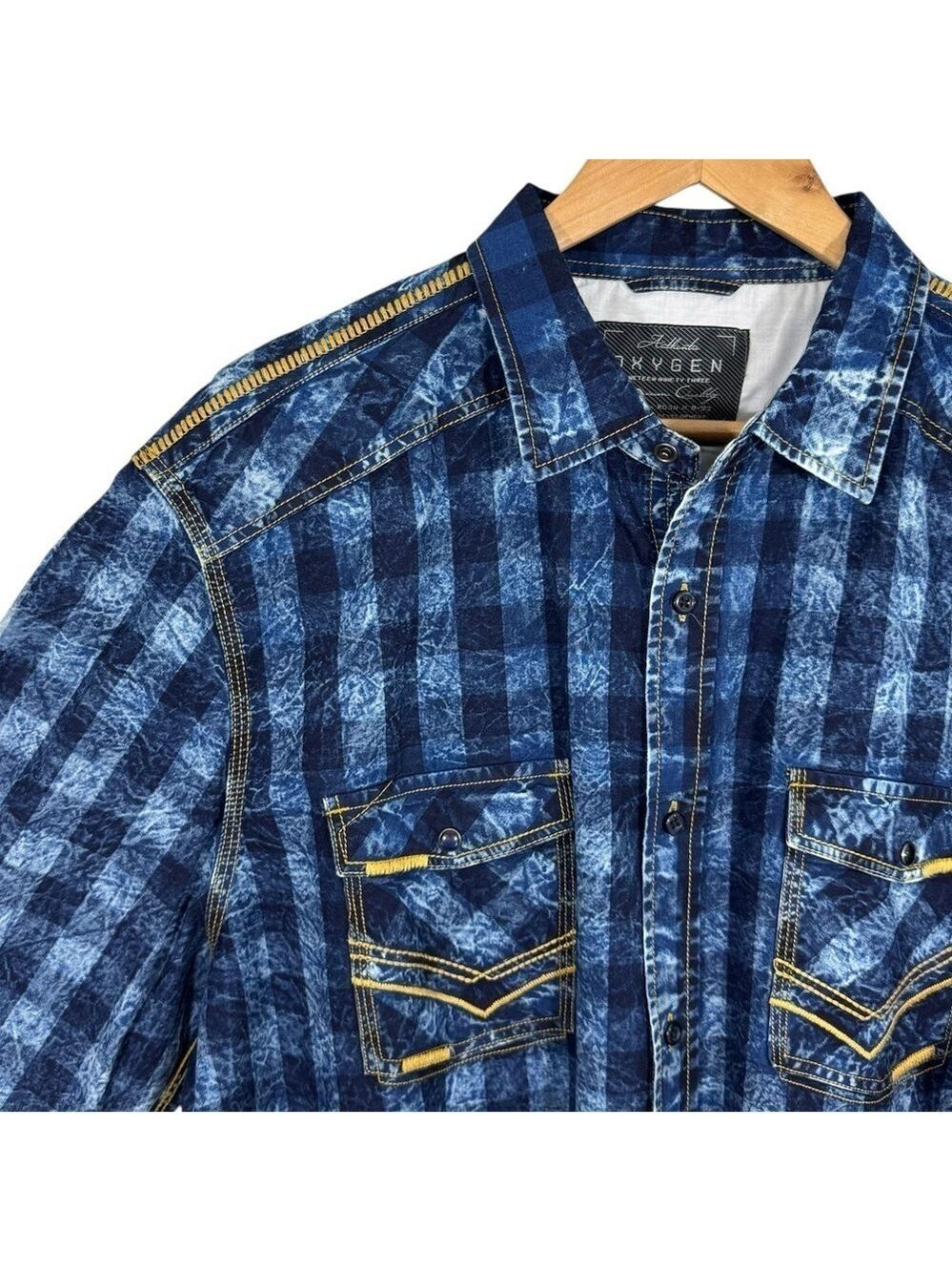 Oxygen Faux Denim Plaid Western Shirt Mens XXL Blue Rodeo Y2K Flashy Acid Wash